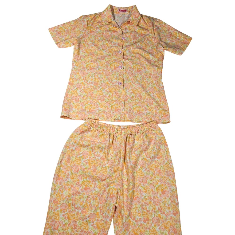 Vintage 70s‎ Floral Matching Set 2 Pc Button Up Wide Leg Pants Orange Peach XS